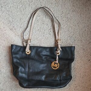 Michael Kors Black Leather Tote with Beige Straps and Gold Hardware